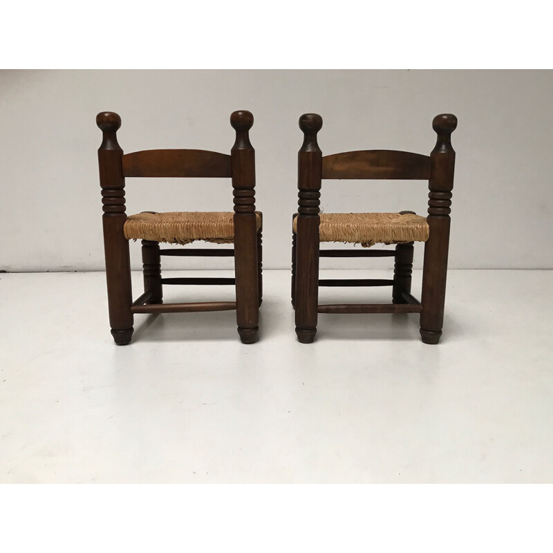 Pair of Vintage Rustic wicker and oak low stools by Charles Charles Dudouyt 1940s
