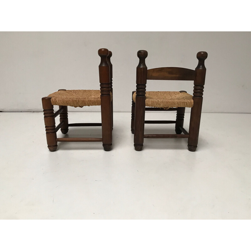 Paire de tabourets bas Vintage Rustic en osier et chêne de Charles Dudouyt 1940