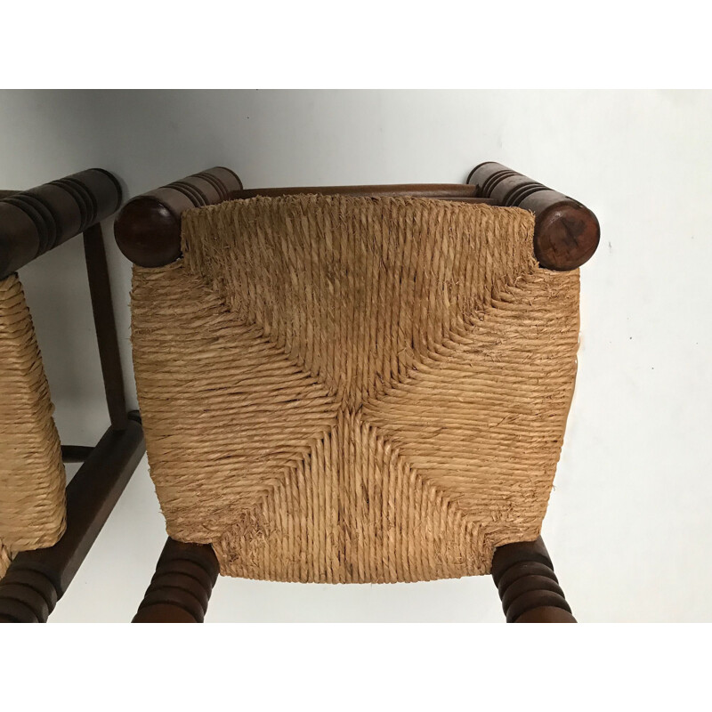 Pair of Vintage Rustic wicker and oak low stools by Charles Charles Dudouyt 1940s