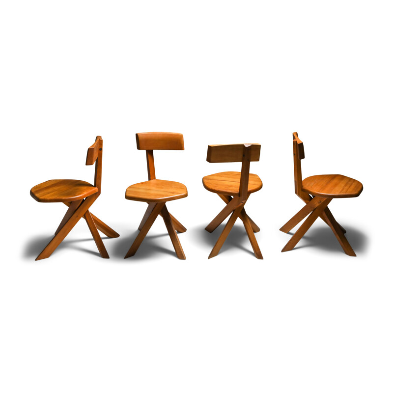 8 chaises à manger vintage "S34" en orme massif Pierre Chapo 1960