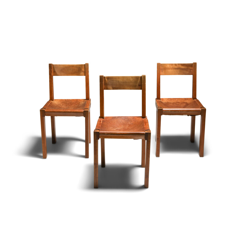 3 Vintage 'S24' Chairs in Elm and Cognac Leather Pierre Chapo 1970s