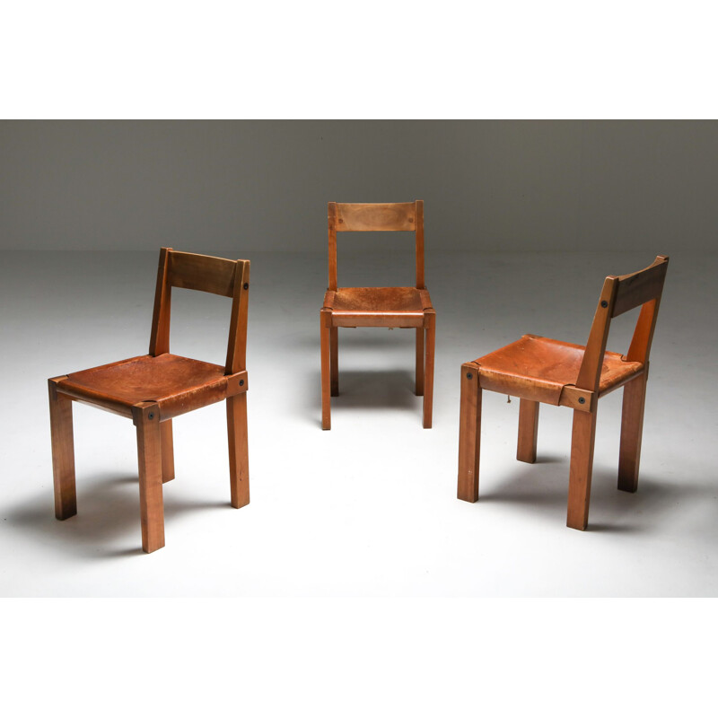 3 Vintage 'S24' Chairs in Elm and Cognac Leather Pierre Chapo 1970s