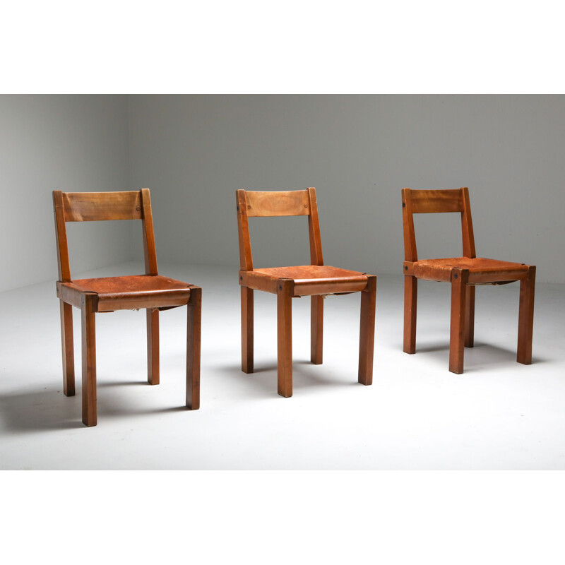 3 Vintage 'S24' Chairs in Elm and Cognac Leather Pierre Chapo 1970s