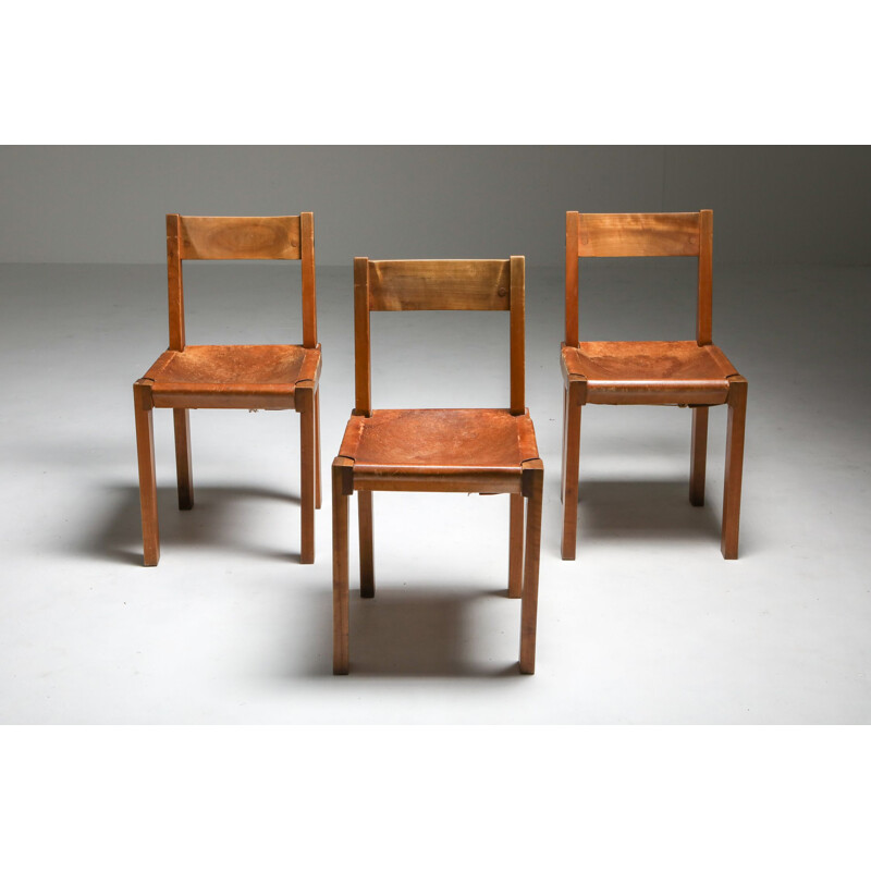 3 Vintage 'S24' Chairs in Elm and Cognac Leather Pierre Chapo 1970s