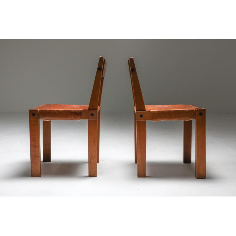 3 Vintage 'S24' Chairs in Elm and Cognac Leather Pierre Chapo 1970s