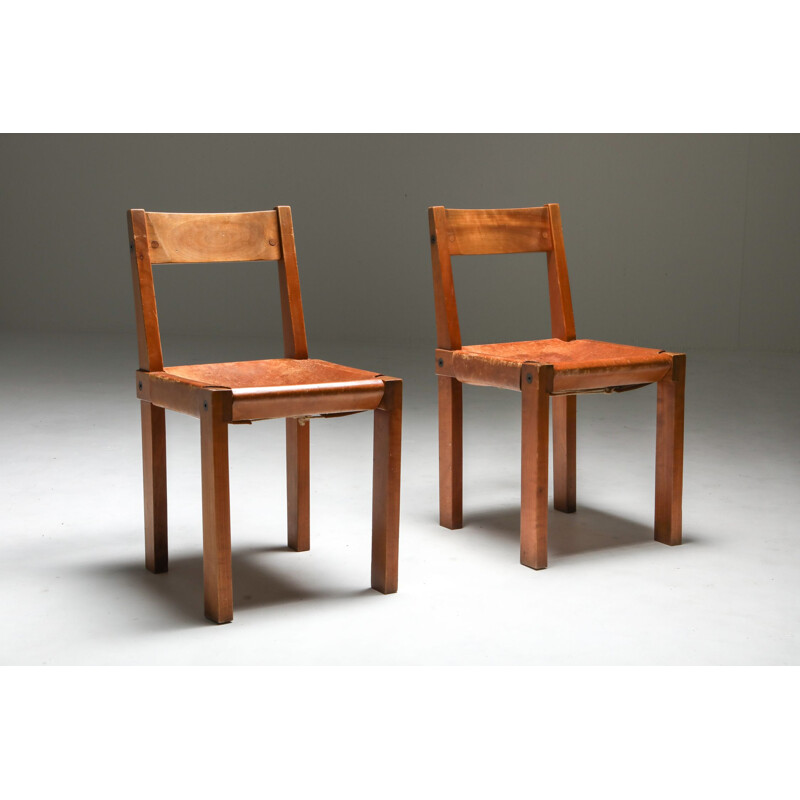 3 Vintage 'S24' Chairs in Elm and Cognac Leather Pierre Chapo 1970s