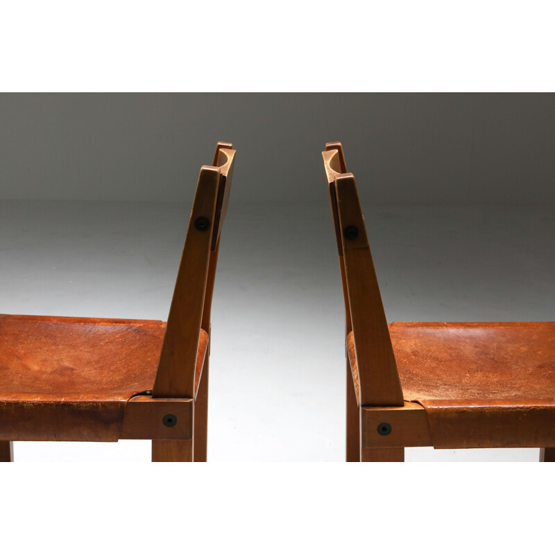 3 Vintage 'S24' Chairs in Elm and Cognac Leather Pierre Chapo 1970s