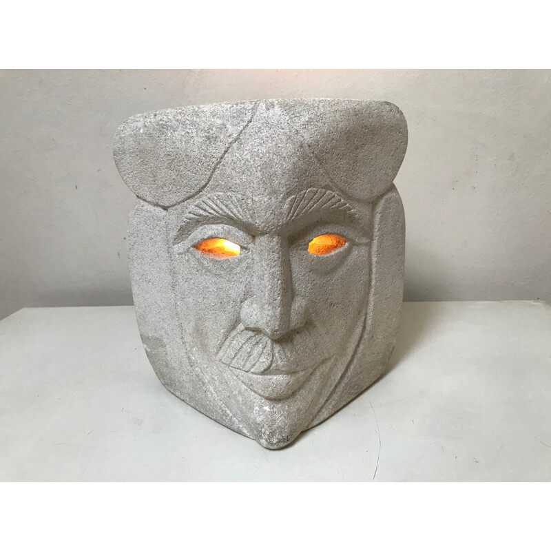 Vintage lamp sculpture in stone 'Indian head' by Albert Tormos, France 1970