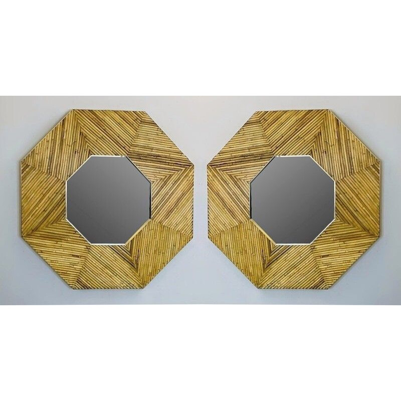 Pair of Vintage Rattan and Brass Framed Mirror