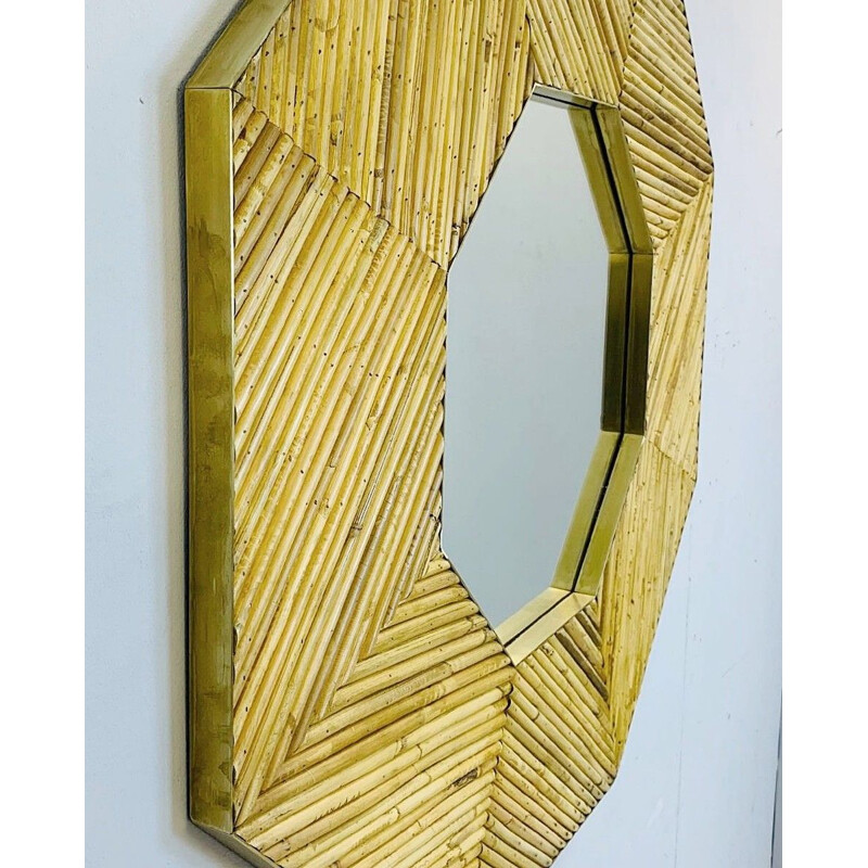 Pair of Vintage Rattan and Brass Framed Mirror