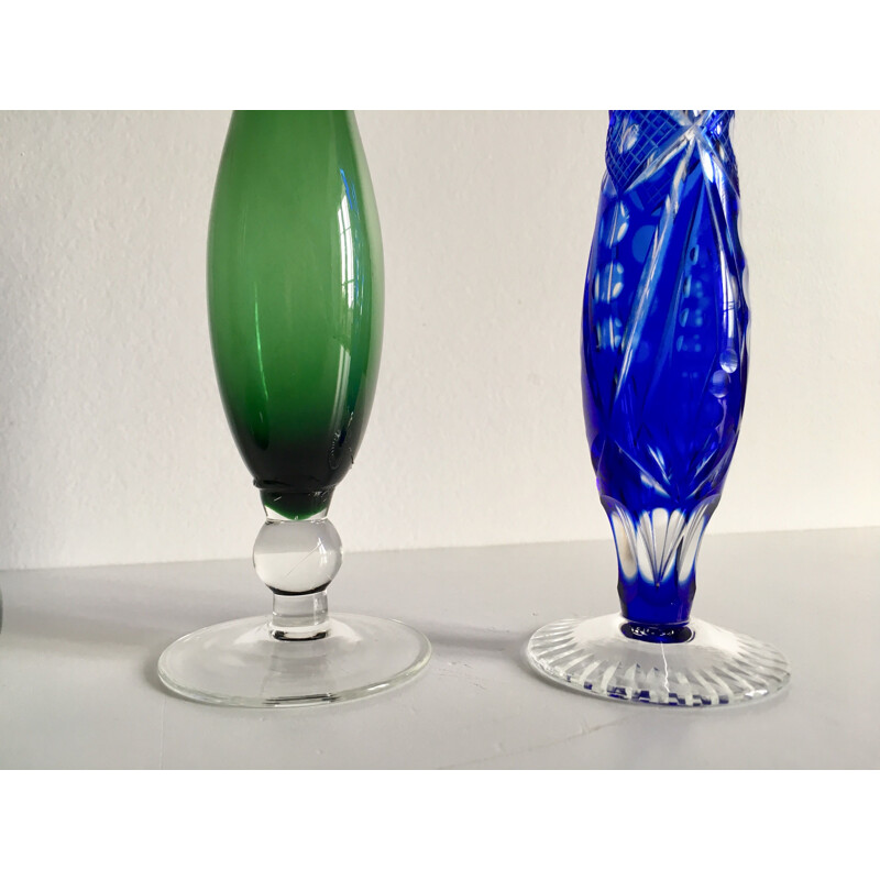 Trio of vintage coloured vases in glass and chiselled crystal