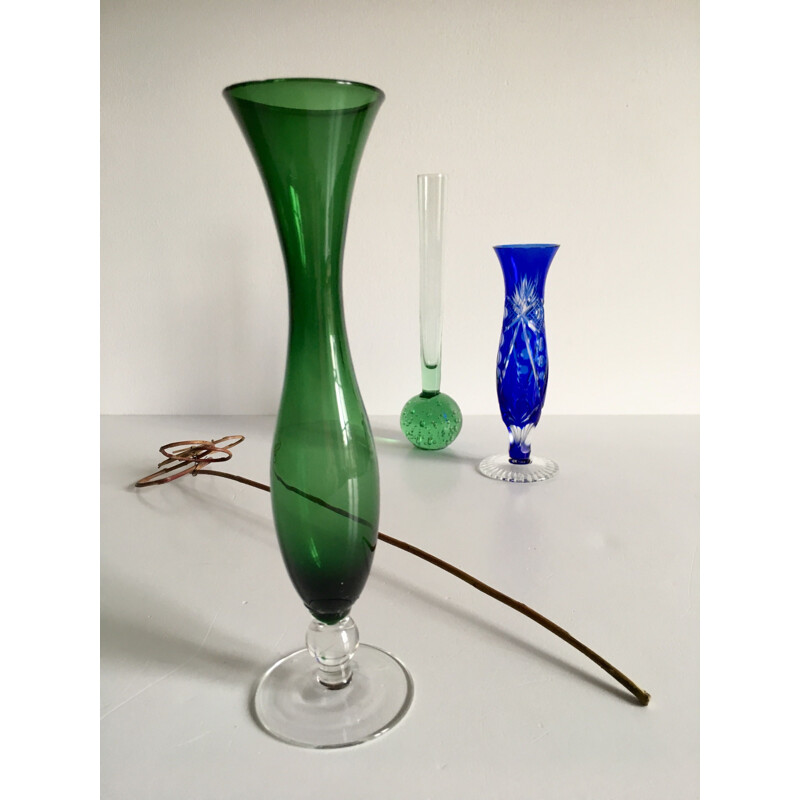 Trio of vintage coloured vases in glass and chiselled crystal