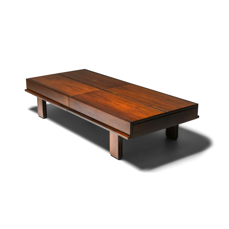 Vintage walnut coffee table with storage Michelluci 1970s