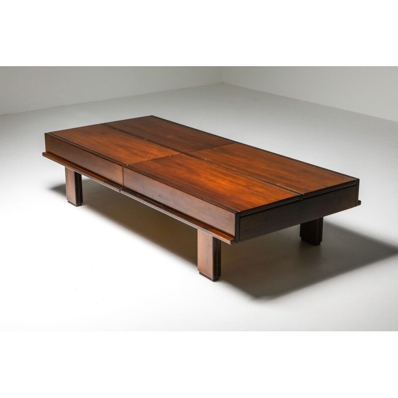 Vintage walnut coffee table with storage Michelluci 1970s