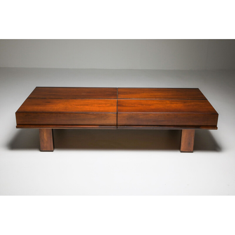 Vintage walnut coffee table with storage Michelluci 1970s