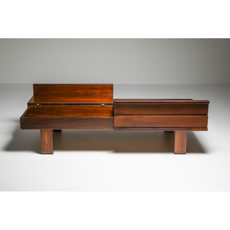 Vintage walnut coffee table with storage Michelluci 1970s