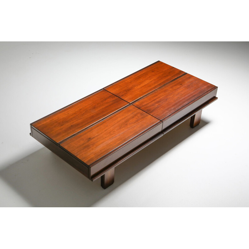 Vintage walnut coffee table with storage Michelluci 1970s