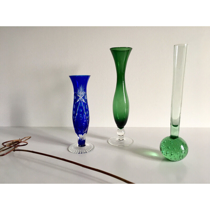 Trio of vintage coloured vases in glass and chiselled crystal