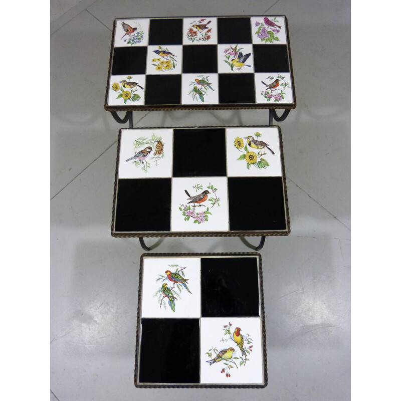 Set of 3 vintage side tables with bird tiles, 1950s