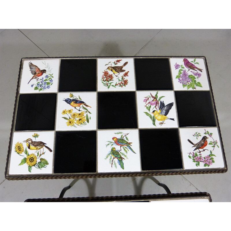 Set of 3 vintage side tables with bird tiles, 1950s