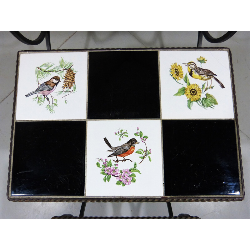 Set of 3 vintage side tables with bird tiles, 1950s