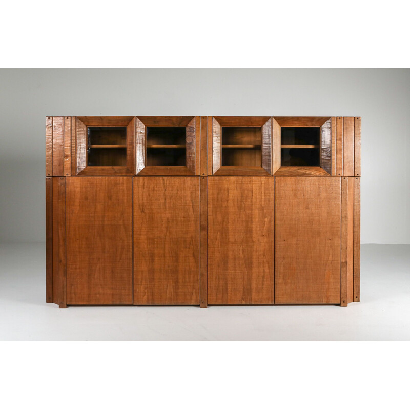 Vintage Solid Walnut Credenza with Vitrine Top Rivadossi Italy 1970s