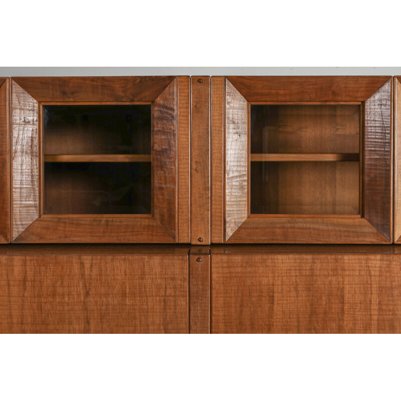 Vintage Solid Walnut Credenza with Vitrine Top Rivadossi Italy 1970s