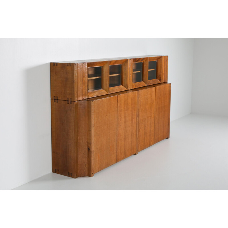 Vintage Solid Walnut Credenza with Vitrine Top Rivadossi Italy 1970s