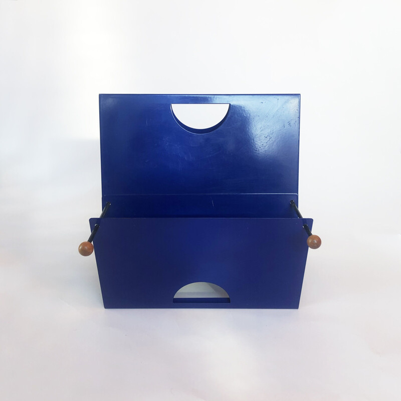 Vintage Blue Magazine Rack Postmodern Sottsass Vinyl Memphis Milano Italian 1980s