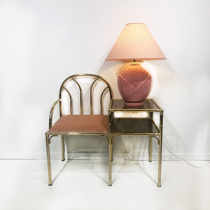 Vintage Telephone Seat Pink Velvet Brass Faux Bamboo Hollywood Regency Glam Glass Italian 
