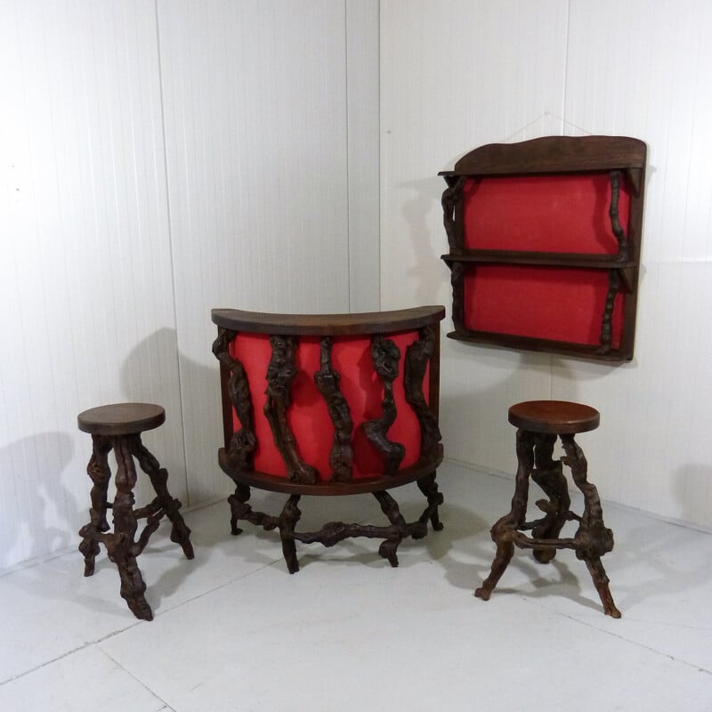 Vintage Curved grapevine wine bar & stools, 1950s