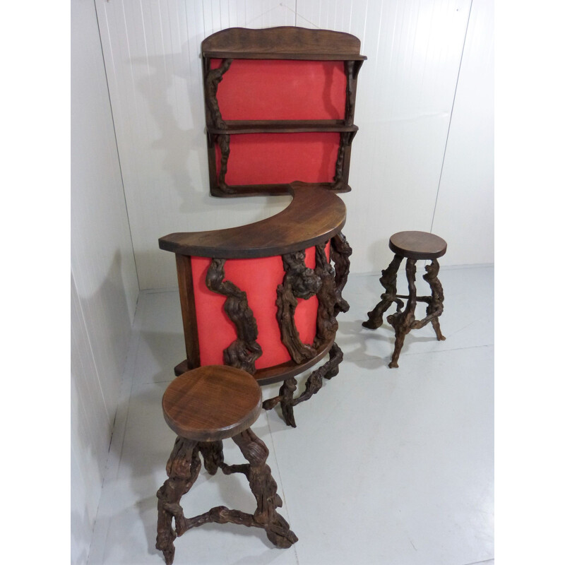 Vintage Curved grapevine wine bar & stools, 1950s