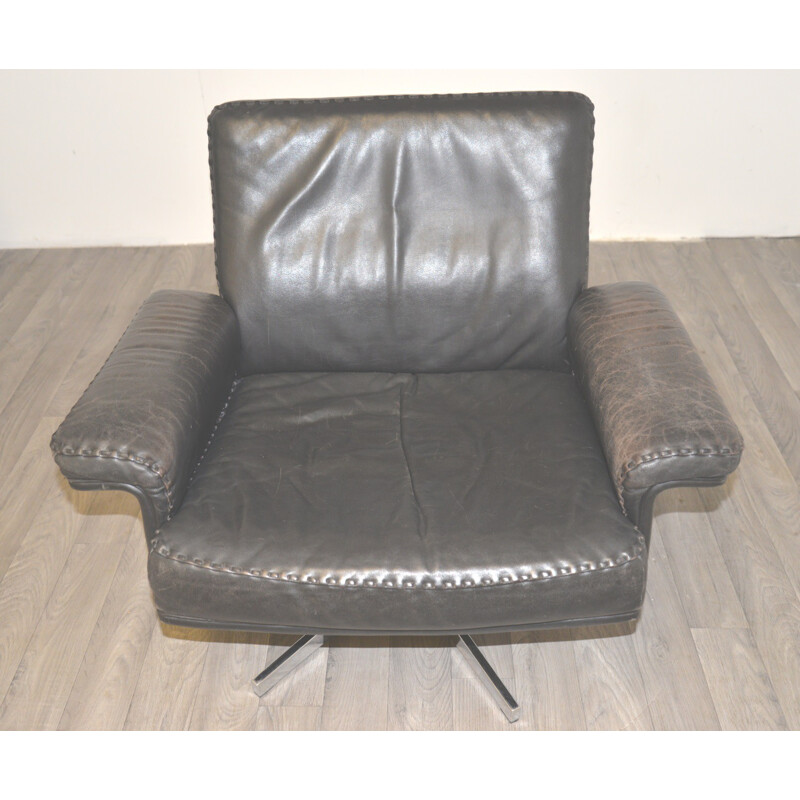 Pair of De Sede "DS 35" armchairs in black leather - 1970s