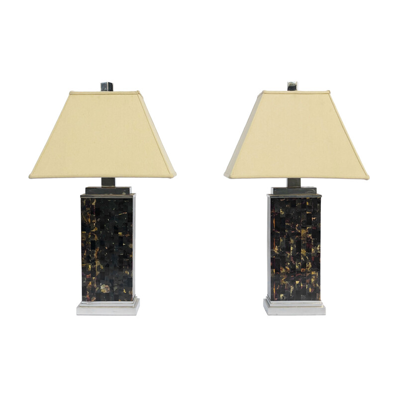 Pair of vintage table lamps in tesserae on chrome base, France 1970