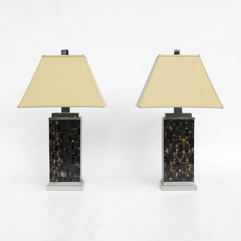 Paire de lampes de table vintage en tesselle sur socle chromé, France 1970
