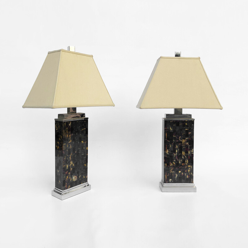 Pair of vintage table lamps in tesserae on chrome base, France 1970