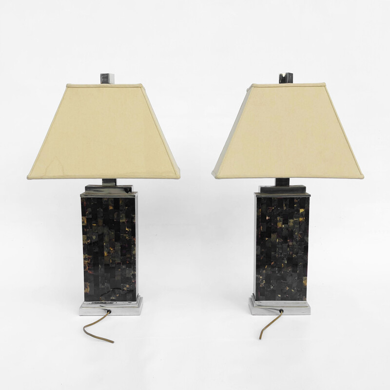Coppia di lampade da tavolo vintage a tessere su base cromata, Francia 1970