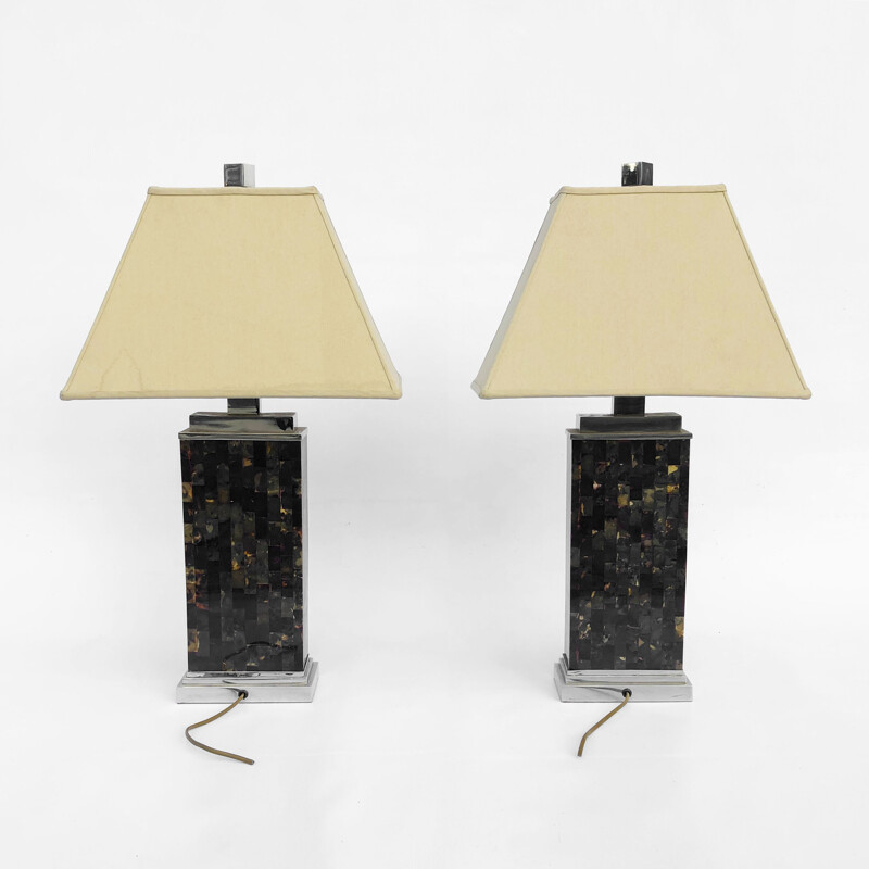 Pair of vintage table lamps in tesserae on chrome base, France 1970