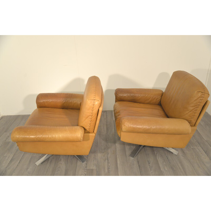 Pair of De Sede "DS 35" armchairs in cognac leather - 1970s