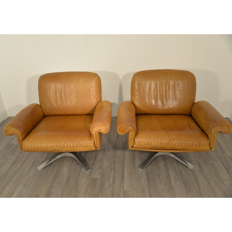 Pair of De Sede "DS 35" armchairs in cognac leather - 1970s