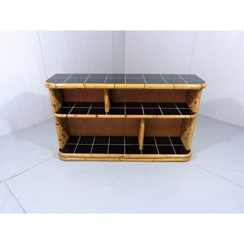 Vintage Bamboo display  rack with black tiles 1950s