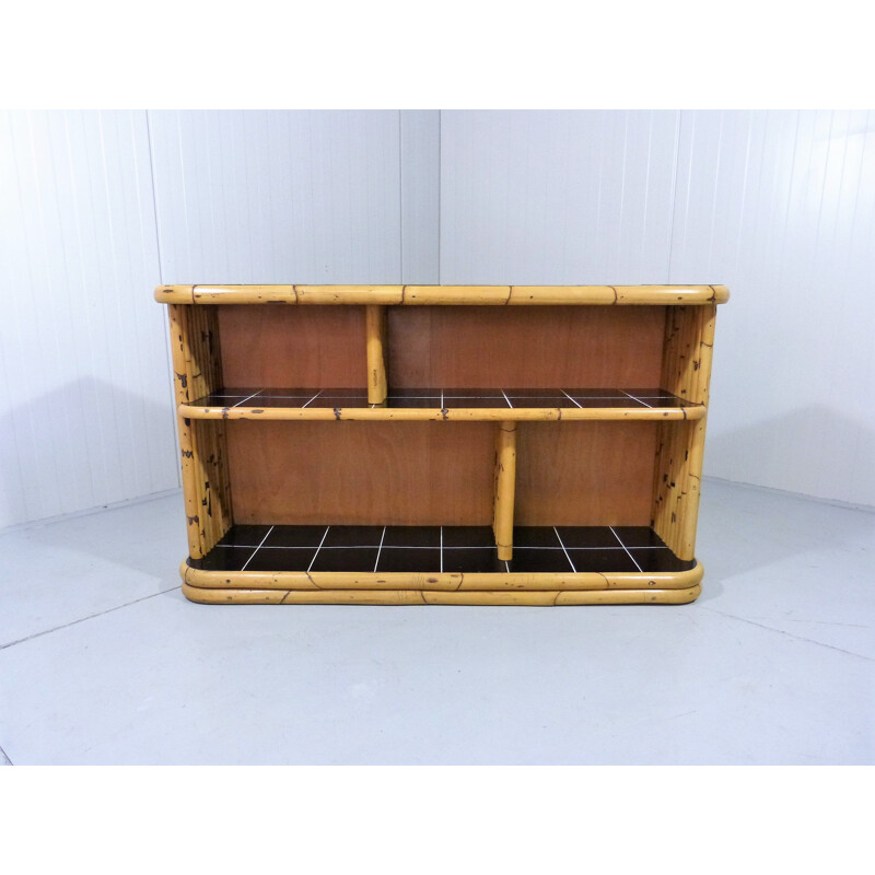 Vintage Bamboo display  rack with black tiles 1950s