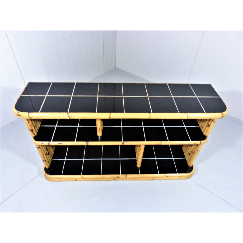 Vintage Bamboo display  rack with black tiles 1950s