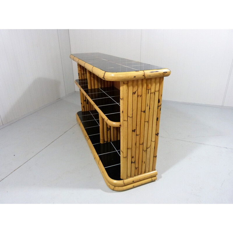 Vintage Bamboo display  rack with black tiles 1950s