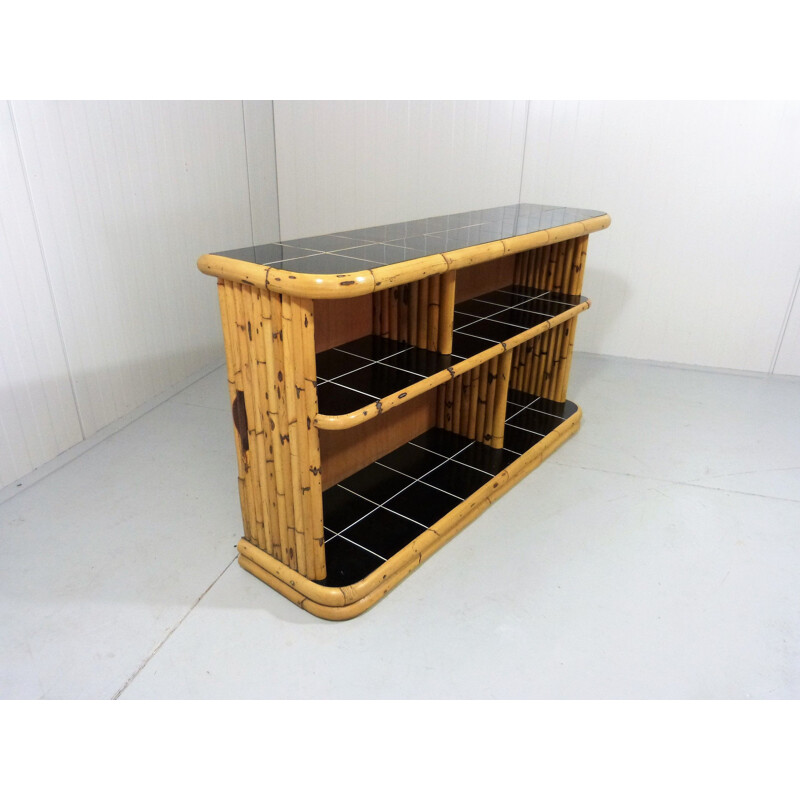 Vintage Bamboo display  rack with black tiles 1950s