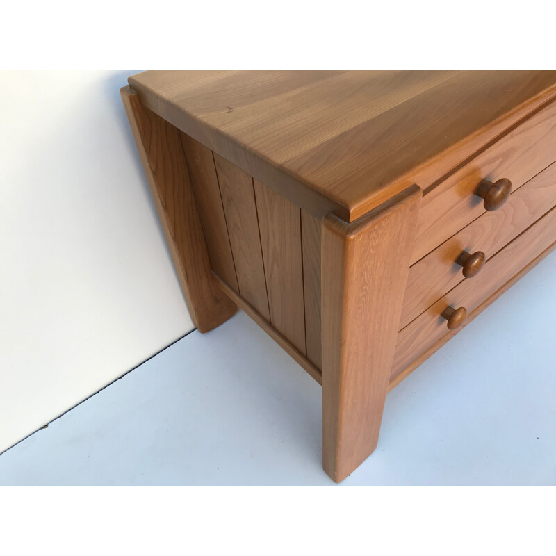 Vintage solid elm chest of drawers, Maison Regain, 1970