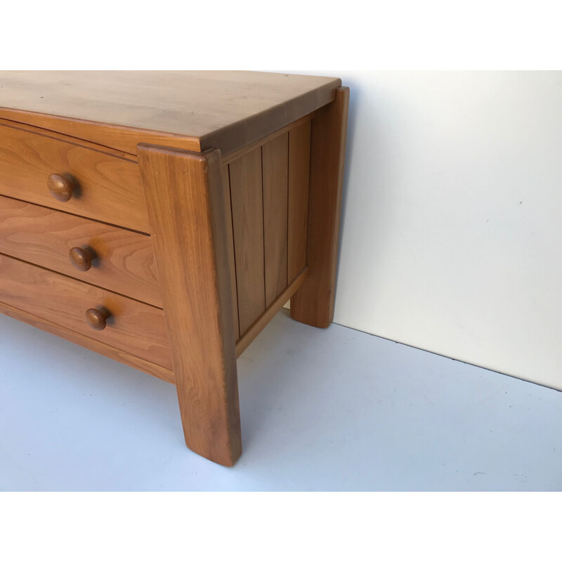 Vintage solid elm chest of drawers, Maison Regain, 1970