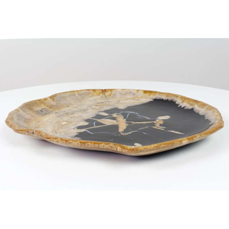 Large vintage Black And Beige Petrified Wooden Platter, Accessory Of Organic Origin