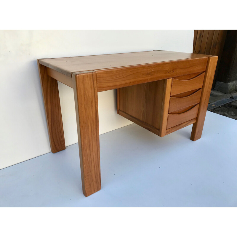 Vintage solid elm desk, Maison Regain, France, 1970