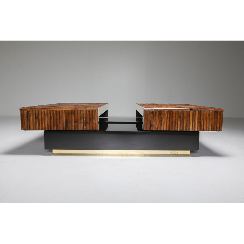 Vintage Bamboo Black Lacquer and Brass Coffee Table, Italy 1970s